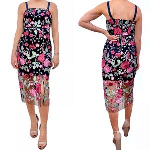 NWT - SAM EDELMAN Peony Embroidery Midi Slit Dress - navy blue, dark pink